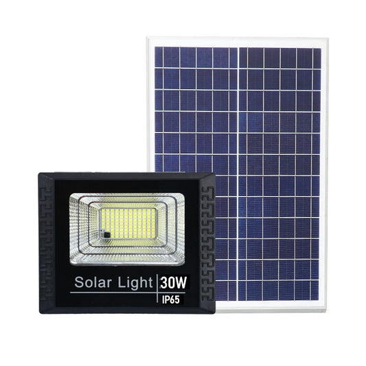 Proiector LED SMD 30W cu incarcare solara Practicpentrucasa, panou solar, cu telecomanda, suport prindere, material ABS, 1.2AH, 100 LED-uri, 93Lm, 11.8x21 cm, negru