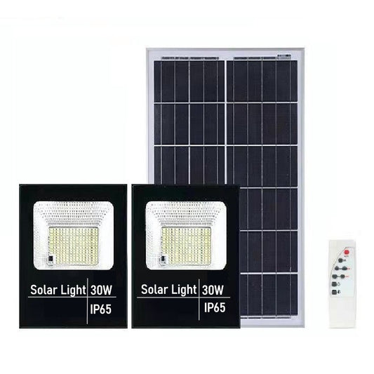 Set 2 proiectoare LED SMD 30W cu incarcare solara Practicpentrucasa, panou solar, cu telecomanda, suport prindere, material ABS, 1.2AH, 200LED-uri, 13x13.5 cm, negru