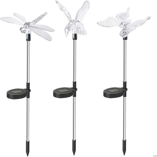 Set 3 Lampi Solare LED tip pasare-fluture-libelula, Inaltime 43 cm, Practicpentrucasa, Multicolor