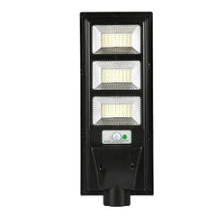 Lampa solara stradala Practicpentrucasa, cu telecomanda, senzor de miscare si lumina, suport prindere, 144 LED-uri, IP65, ABS, 8AH, 150W, temperatura culoare 6500K, 49.5x18.8x5 cm, F6006-150w, autonomie 10-12 ore, negru