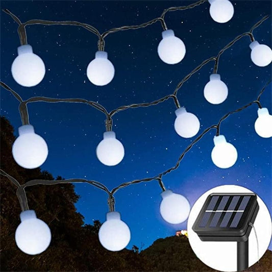 Instalatie Lumini Gradina, 12 metri, 100 de LED-uri cu ornament tip Bulb, 8 jocuri de lumini alb rece, cu energie solara, liniar, interior/exterior, Practicpentrucasa