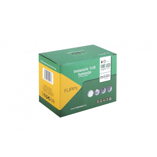 Instalatie luminoasa de Craciun cu LED, 100 LED-uri tip Tub, 12 metri lungime, 8 programe, 2 metri prelungitor, incarcare solara, alb cald, Practicpentrucasa
