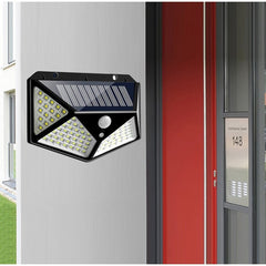 Lampa cu incarcare solara pentru exterior, 100 LED cu distanta de inductie, montaj pe perete, fara cabluri, cu 4 fete, Practicpentrucasa