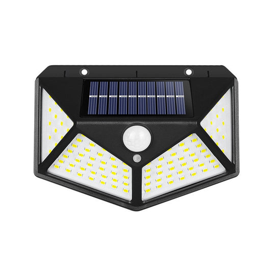 Lampa cu incarcare solara pentru exterior, 100 LED cu distanta de inductie, montaj pe perete, fara cabluri, cu 4 fete, Practicpentrucasa