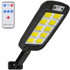 Lampa Solara De Exterior LED Practicpentrucasa, 36 cm x 11.5 cm, kit montare inclus, 2880 Lumeni 120 COB LED 24 W - echivalent 192 W bec incadescent, IP65, Senzor de Miscare, 3 moduri de iluminare, Senzor de Lumina, 10 Grile, Alb Rece
