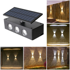 Lampa solara LED bidirectionala Practicpentrucasa, cu panou ajustabil, comutator culoare lumina, pentru perete, scari, gradina, terasa, 16 x 6.5 cm, 6 LED-uri, material ABS, baterie 3.7 V, 1200mah, multicolor