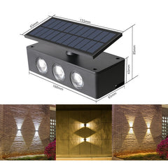 Lampa solara LED bidirectionala Practicpentrucasa, cu panou ajustabil, comutator culoare lumina, pentru perete, scari, gradina, terasa, 16 x 6.5 cm, 6 LED-uri, material ABS, baterie 3.7 V, 1200mah, multicolor