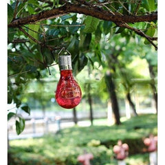 Lampa Solara LED Decorativa sub forma de Bulb, pentru exterior, suspendata, IP65, Ultron Rosu, Practicpentrucasa