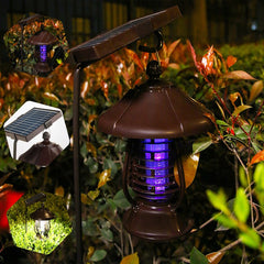 Lampa solara pentru gradina, anti-insecte, tantari, muste, UV, LED, material ABS, putere 5W, 1.2 V, autonomie 8 ore, 2 moduri de functionare, IP65, electric shock 380 volti, 30 x 19.5 cm, maro