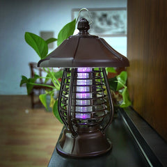 Lampa solara pentru gradina, anti-insecte, tantari, muste, UV, LED, material ABS, putere 5W, 1.2 V, autonomie 8 ore, 2 moduri de functionare, IP65, electric shock 380 volti, 30 x 19.5 cm, maro