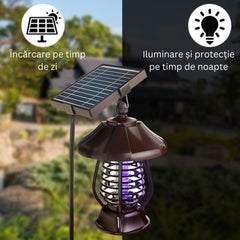 Lampa solara pentru gradina, anti-insecte, tantari, muste, UV, LED, material ABS, putere 5W, 1.2 V, autonomie 8 ore, 2 moduri de functionare, IP65, electric shock 380 volti, 30 x 19.5 cm, maro