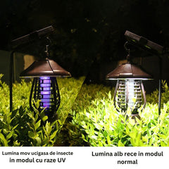 Lampa solara pentru gradina, anti-insecte, tantari, muste, UV, LED, material ABS, putere 5W, 1.2 V, autonomie 8 ore, 2 moduri de functionare, IP65, electric shock 380 volti, 30 x 19.5 cm, maro