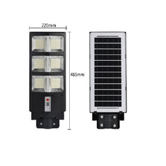 Lampa solara stradala Practicpentrucasa, cu telecomanda, senzor de miscare si lumina, suport prindere, 135 LED-uri, IP65, ABS, 8AH, 100W, temperatura culoare 6500K, 48.5x22x6.8 cm, autonomie 10-12 ore, negru