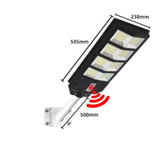 Lampa solara stradala Practicpentrucasa, cu telecomanda, senzor de miscare si lumina, suport prindere, 180 LED-uri, IP65, ABS, 10AH, 200W, temperatura culoare 6500K, 59.5x23.8x6.8 cm, autonomie 10-12 ore, negru