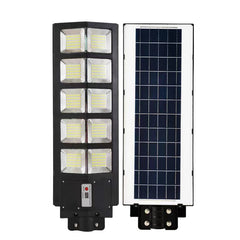 Lampa solara stradala Practicpentrucasa, cu telecomanda, senzor de miscare si lumina, suport prindere, 225 LED-uri, IP65, ABS, 15AH, 300W, temperatura culoare 6500K, 69.5x24.3x6.8 cm, autonomie 10-12 ore, negru