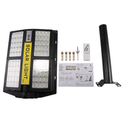 Lampa solara stradala Practicpentrucasa, cu telecomanda, senzor de miscare si lumina, suport prindere, 280 LED-uri, IP65, ABS, 12AH, 500W, temperatura culoare 6500K, 44.5x37.7x6.6 cm, autonomie 10-12 ore, negru