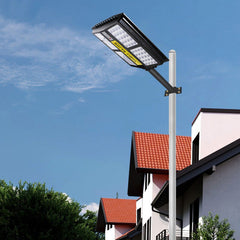 Lampa solara stradala Practicpentrucasa, cu telecomanda, senzor de miscare si lumina, suport prindere, 280 LED-uri, IP65, ABS, 12AH, 500W, temperatura culoare 6500K, 44.5x37.7x6.6 cm, autonomie 10-12 ore, negru