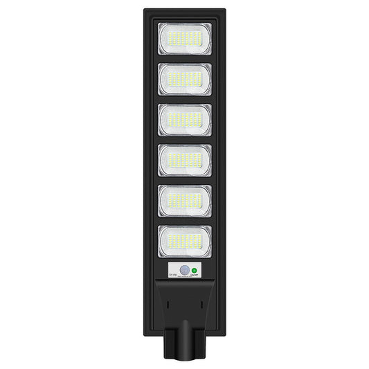 Lampa solara stradala Practicpentrucasa, cu telecomanda, senzor de miscare si lumina, suport prindere, 288 LED-uri, IP65, ABS, 15AH, 300W, temperatura culoare 6500K, 79x18.8x5 cm, autonomie 10-12 ore, negru