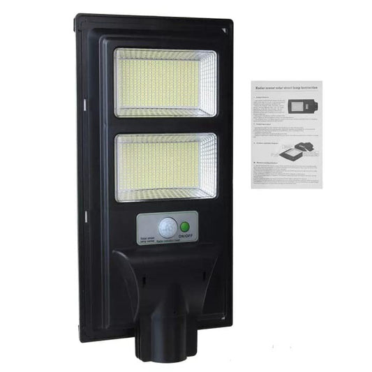 Lampa solara stradala Practicpentrucasa, cu suport de prindere si telecomanda, senzor de miscare si lumina, 96 LED-uri, IP65, ABS, 5AH, 100W, temperatura culoare 6500K, 37.8x18.8x5 cm, autonomie 10-12 ore, negru