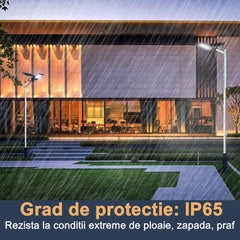 Lampa solara stradala Practicpentrucasa, IP65, senzor de lumina, 417 LED-uri SMD, 24000 lm, 300W, autonomie 12-16 ore, telecomanda, montare prin fixare, pentru strada sau gradina, finisaj lucios, material ABS, 49.5 x 21 x 6.5 cm, lumina alb rece