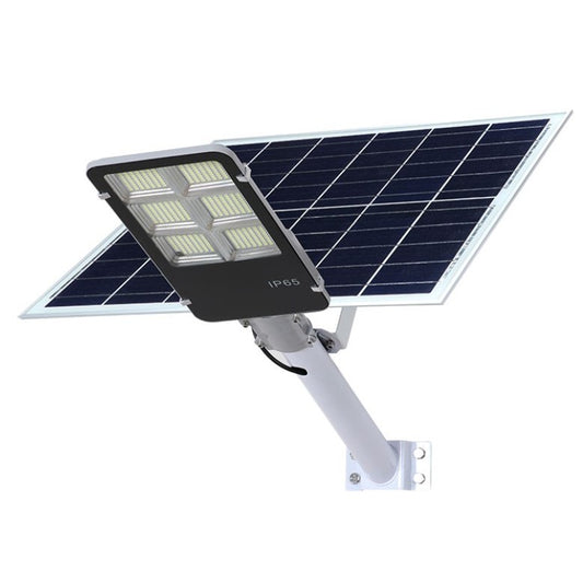 Lampa solara stradala Practicpentrucasa, IP65, senzor de lumina, 417 LED-uri SMD, 24000 lm, 300W, autonomie 12-16 ore, telecomanda, montare prin fixare, pentru strada sau gradina, finisaj lucios, material ABS, 49.5 x 21 x 6.5 cm, lumina alb rece