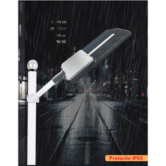 Lampa solara stradala Practicpentrucasa, IP65, senzor de lumina, 510 LED-uri SMD, 5000 lm, panou 53W, putere 500W, autonomie 12-16 ore, telecomanda, montare prin fixare, pentru strada sau gradina, finisaj mat, material ABS,  91.6 x 36.5 x 8.7 cm, gri