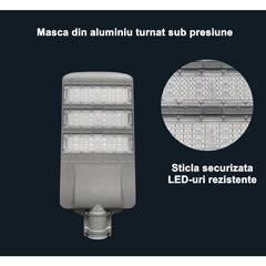 Lampa solara stradala Practicpentrucasa, IP65, senzor de lumina, 510 LED-uri SMD, 5000 lm, panou 53W, putere 500W, autonomie 12-16 ore, telecomanda, montare prin fixare, pentru strada sau gradina, finisaj mat, material ABS,  91.6 x 36.5 x 8.7 cm, gri