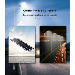 Lampa solara stradala Practicpentrucasa, IP65, senzor de lumina, 510 LED-uri SMD, 5000 lm, panou 53W, putere 500W, autonomie 12-16 ore, telecomanda, montare prin fixare, pentru strada sau gradina, finisaj mat, material ABS,  91.6 x 36.5 x 8.7 cm, gri