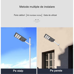 Lampa solara stradala Practicpentrucasa, IP65, senzor de lumina, 510 LED-uri SMD, 5000 lm, panou 53W, putere 500W, autonomie 12-16 ore, telecomanda, montare prin fixare, pentru strada sau gradina, finisaj mat, material ABS,  91.6 x 36.5 x 8.7 cm, gri