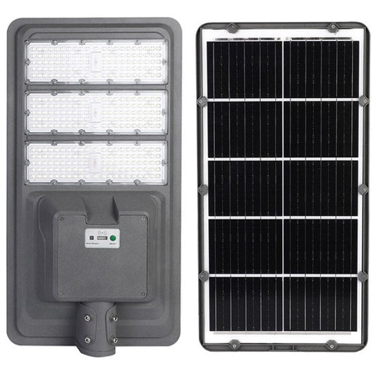 Lampa solara stradala Practicpentrucasa, IP65, senzor de lumina, 510 LED-uri SMD, 5000 lm, panou 53W, putere 500W, autonomie 12-16 ore, telecomanda, montare prin fixare, pentru strada sau gradina, finisaj mat, material ABS,  91.6 x 36.5 x 8.7 cm, gri