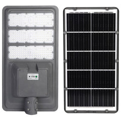 Lampa solara stradala Practicpentrucasa, IP65, senzor de lumina, 510 LED-uri SMD, 5000 lm, panou 53W, putere 500W, autonomie 12-16 ore, telecomanda, montare prin fixare, pentru strada sau gradina, finisaj mat, material ABS,  91.6 x 36.5 x 8.7 cm, gri