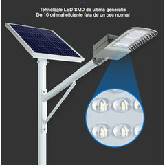 Lampa solara stradala Practicpentrucasa, IP65, senzor de lumina, 60 LED-uri SMD, 2250 lm, panou 25W, putere 200W, autonomie 12-16 ore, telecomanda, montare prin fixare, pentru strada sau gradina, finisaj mat, material ABS,  51.5 x 21 x 7.5, gri
