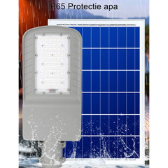 Lampa solara stradala Practicpentrucasa, IP65, senzor de lumina, 60 LED-uri SMD, 2250 lm, panou 25W, putere 200W, autonomie 12-16 ore, telecomanda, montare prin fixare, pentru strada sau gradina, finisaj mat, material ABS,  51.5 x 21 x 7.5, gri