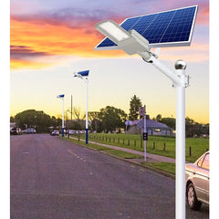 Lampa solara stradala Practicpentrucasa, IP65, senzor de lumina, 60 LED-uri SMD, 2250 lm, panou 25W, putere 200W, autonomie 12-16 ore, telecomanda, montare prin fixare, pentru strada sau gradina, finisaj mat, material ABS,  51.5 x 21 x 7.5, gri