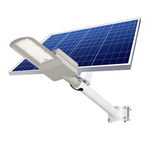 Lampa solara stradala Practicpentrucasa, IP65, senzor de lumina, 60 LED-uri SMD, 2250 lm, panou 25W, putere 200W, autonomie 12-16 ore, telecomanda, montare prin fixare, pentru strada sau gradina, finisaj mat, material ABS,  51.5 x 21 x 7.5, gri