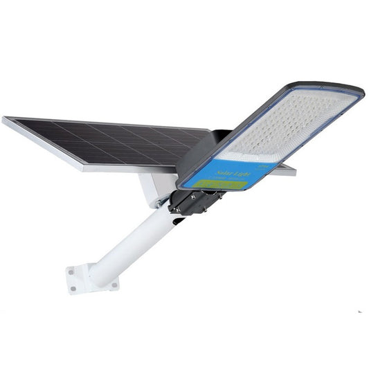 Lampa solara stradala Practicpentrucasa, IP66, senzor de lumina, 120 LED-uri SMD, 1800 lm, panou 20W, putere 100W, autonomie 12-16 ore, telecomanda, montare prin fixare, pentru strada sau gradina, finisaj mat, material ABS,  49 x 21 x 5.5 cm, gri