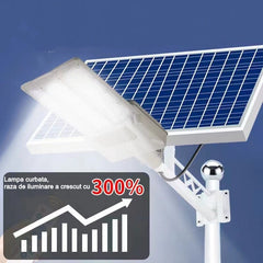 Lampa solara stradala Practicpentrucasa, pentru curte sau strada, cu doua grile, finisaj mat, rezistent la apa, montare prin fixare, senzor lumina, baterie de litiu, IP65, lumina rece, putere 300W, autonomie 10 ore, 51.5 x 21 cm, gri
