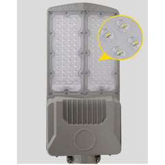 Lampa solara stradala Practicpentrucasa, pentru curte sau strada, cu doua grile, finisaj mat, rezistent la apa, montare prin fixare, senzor lumina, baterie de litiu, IP65, lumina rece, putere 500W, autonomie 10 ore, 55 x 23 x 9 cm, gri