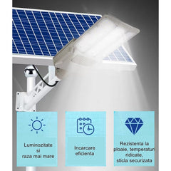 Lampa solara stradala Practicpentrucasa, pentru curte sau strada, cu doua grile, finisaj mat, rezistent la apa, montare prin fixare, senzor lumina, baterie de litiu, IP65, lumina rece, putere 500W, autonomie 10 ore, 55 x 23 x 9 cm, gri
