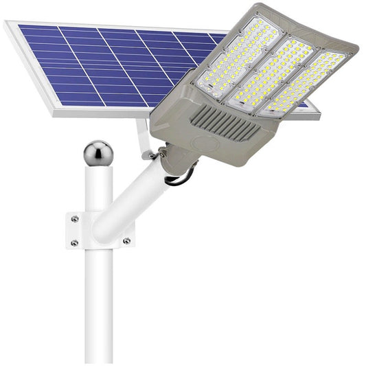 Lampa solara stradala Practicpentrucasa, pentru curte sau strada, cu trei grile, finisaj mat, rezistent la apa, montare prin fixare, senzor lumina, baterie de litiu, IP65, lumina rece, putere 1000W, autonomie 10 ore, 55 x 23 x 9 cm, gri