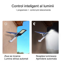 Lampa solara stradala Practicpentrucasa, pentru curte sau strada, finisaj lucios, rezistent la apa, montare prin fixare, senzor lumina, baterie de litiu, IP65, lumina rece, putere 200W, autonomie 10 ore, 49 x 21 x 6.5 cm, negru
