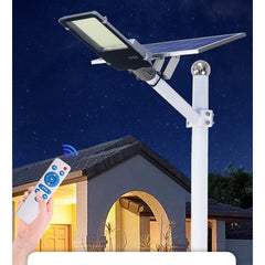 Lampa solara stradala Practicpentrucasa, pentru curte sau strada, finisaj lucios, rezistent la apa, montare prin fixare, senzor lumina, baterie de litiu, IP65, lumina rece, putere 500W, autonomie 10 ore, 49.5 x 21 x 9 cm, negru