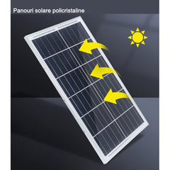 Lampa solara stradala Practicpentrucasa, pentru curte sau strada, finisaj lucios, rezistent la apa, montare prin fixare, senzor lumina, baterie de litiu, IP65, lumina rece, putere 500W, autonomie 10 ore, 49.5 x 21 x 9 cm, negru