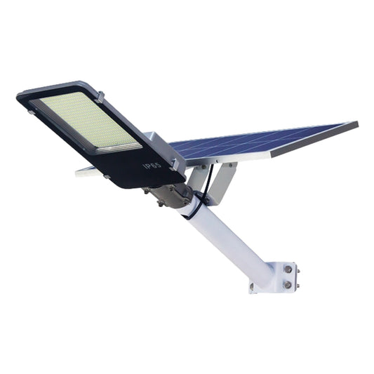 Lampa solara stradala Practicpentrucasa, pentru curte sau strada, finisaj lucios, rezistent la apa, montare prin fixare, senzor lumina, baterie de litiu, IP65, lumina rece, putere 200W, autonomie 10 ore, 49 x 21 x 6.5 cm, negru