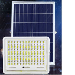 Proiector LED cu Panou Solar Practicpentrucasa, Senzor de lumina Waterproof, 100W, 23x18 cm, suport U inclus, panou afisaj nivel baterie, telecomanda, 220V, Design Modern, Alb