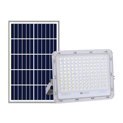 Proiector LED cu Panou Solar Practicpentrucasa, Senzor de lumina Waterproof, 100W, 23x18 cm, suport U inclus, panou afisaj nivel baterie, telecomanda, 220V, Design Modern, Alb