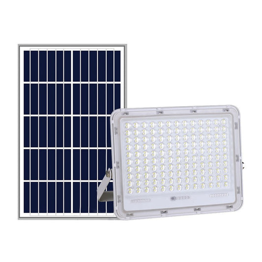 Proiector LED cu Panou Solar Practicpentrucasa, Senzor de lumina Waterproof, 200W, 29x23 cm, suport U inclus, panou afisaj nivel baterie, telecomand, 220V, Design Modern, Alb