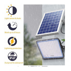 Proiector LED cu Panou Solar Practicpentrucasa, Senzor de lumina, Waterproof, 96 LED-uri incorporate, 30W, 17x13 cm, IP67, Design Modern, Negru