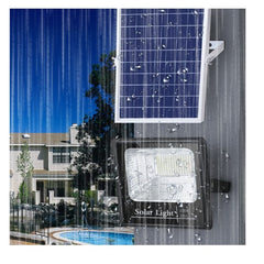 Proiector LED SMD 300W cu incarcare solara Practicpentrucasa, panou solar, cu telecomanda, suport prindere, material ABS, 14AH, 1032 LED-uri, 5 m cablu inclus, 1019Lm, 36x32 cm, negru