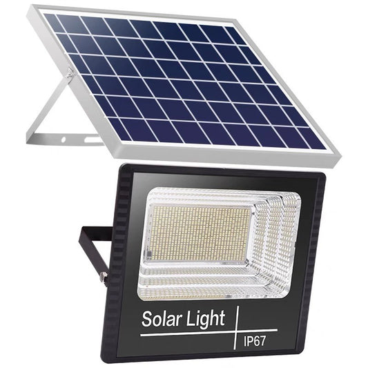 Proiector LED/Lampa solara de exterior Practicpentrucasa, 15 cm x 12 cm, Rezistent la Apa IP67, cu Panou Solar, 100 LED SMD, 30W, Senzor de lumina, Timer, cu Telecomanda, 2 moduri de iluminat, kit montaj inclus, Lumina Rece